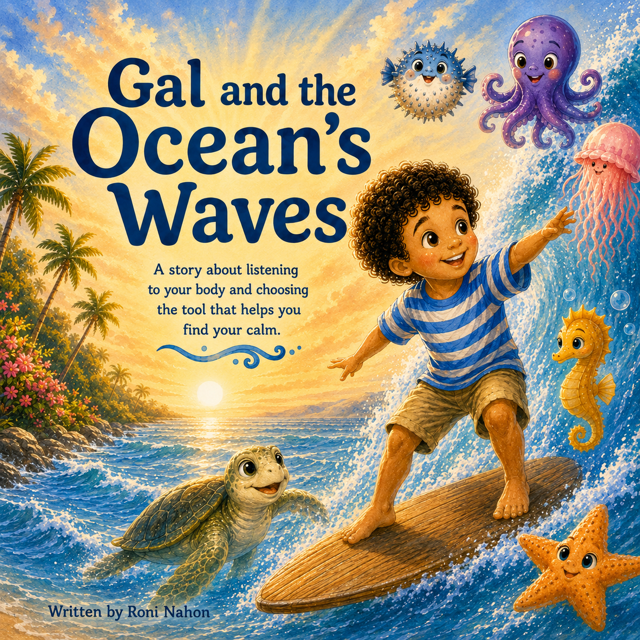 Gal and the Ocean's Waves - cover illustration: Gal surfing a wave with sea creature friends